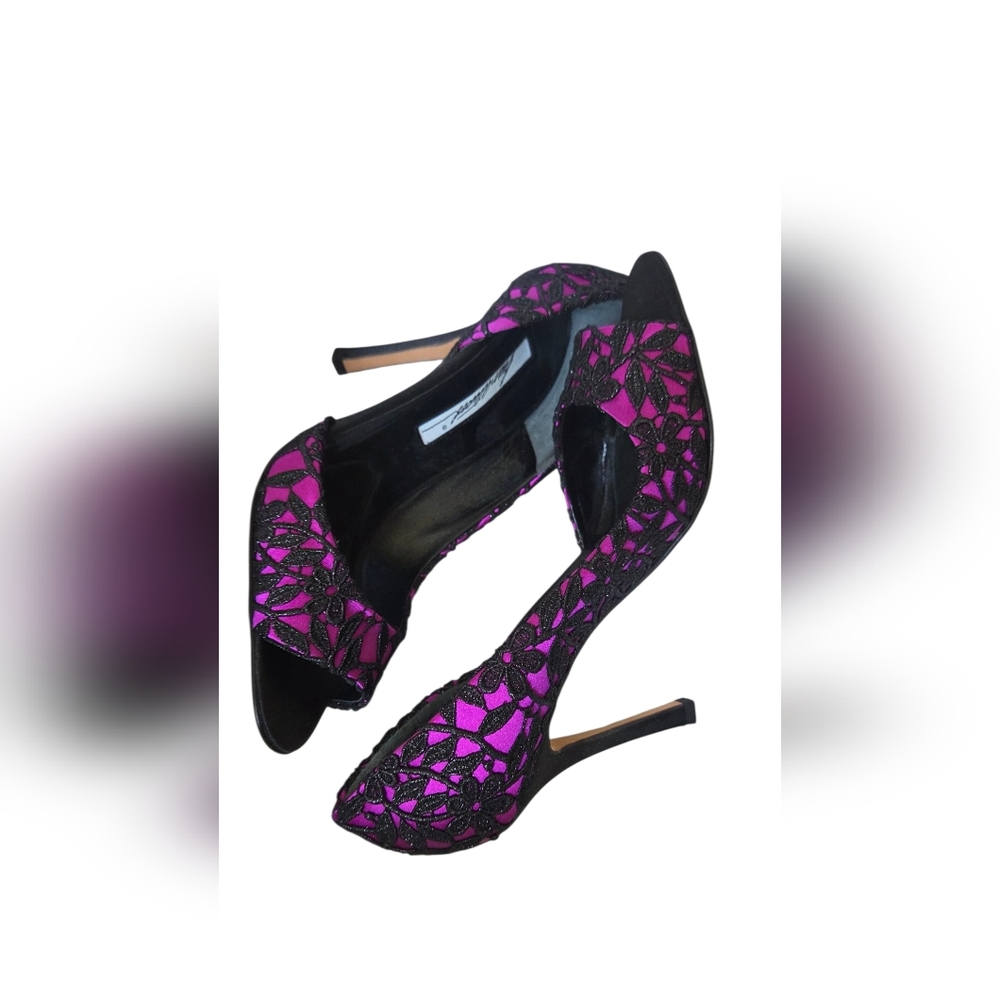 Brian Atwood Black and Pink Lace Heels